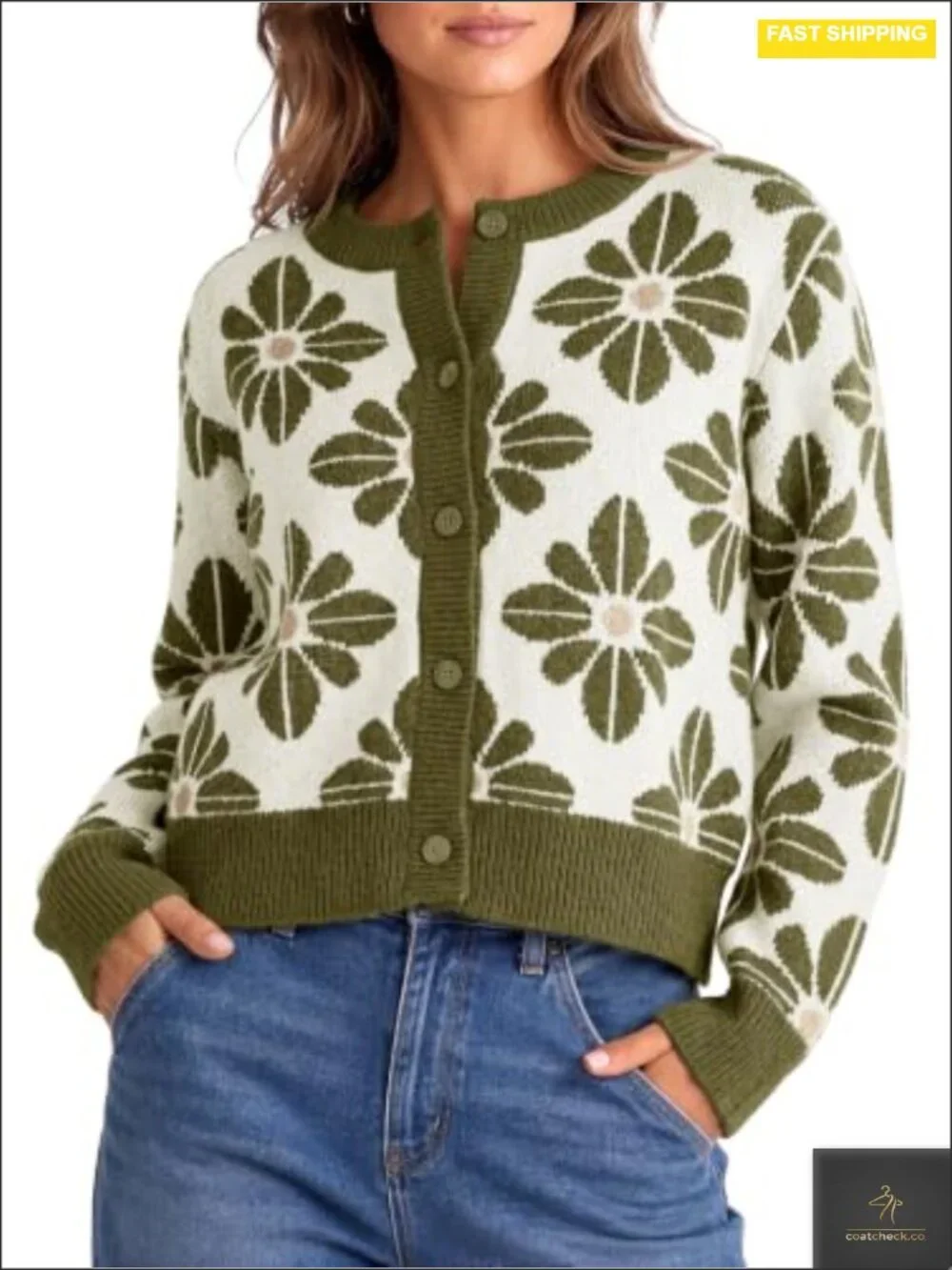 Chunky Knit Floral Cardigan Women's Button Up Crew Neck Long Sleeve Casual